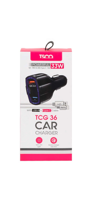 شارژر فندکی 33 وات فست سه پورت TSCO مدل 36 TC به همراه کابل شارژ Type-C